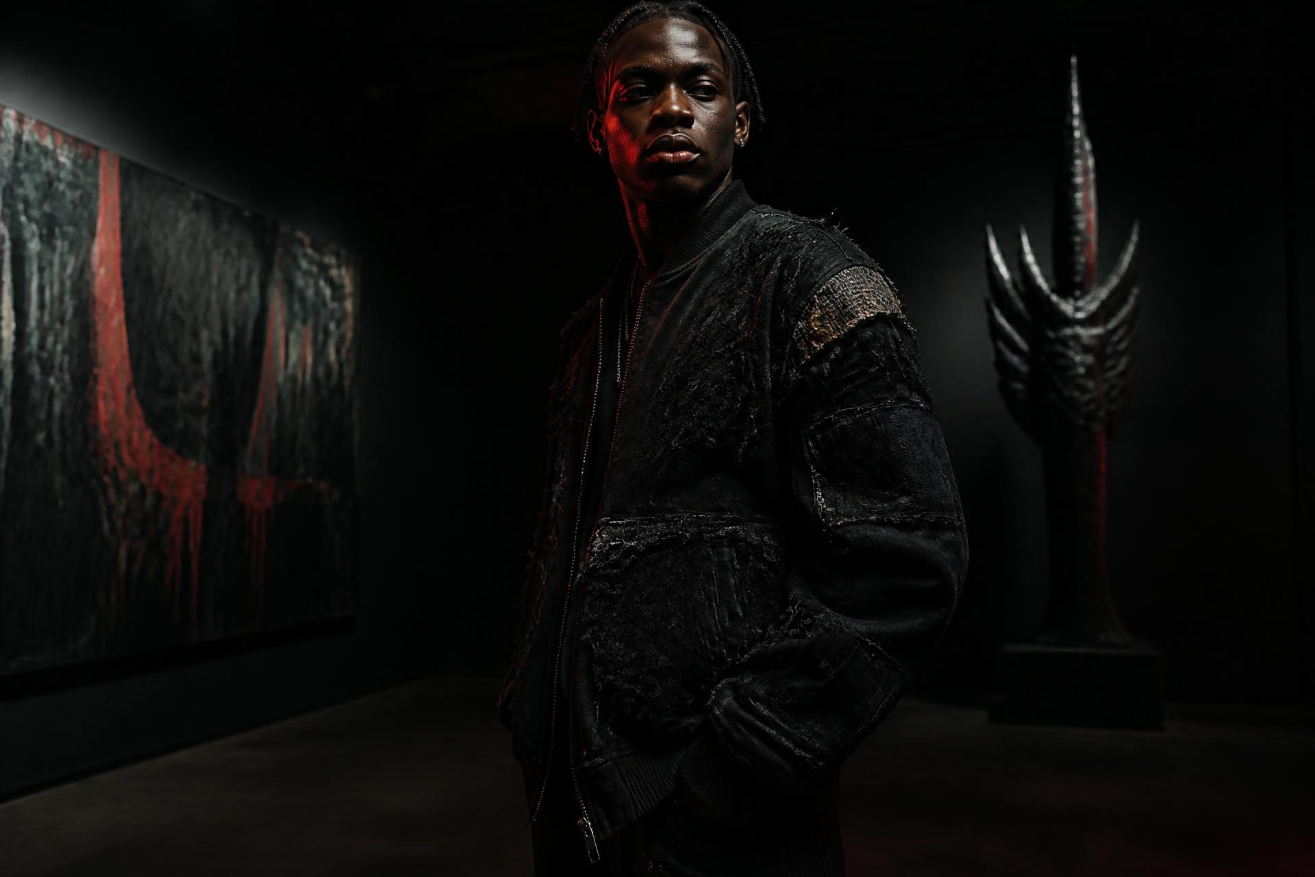 Model wearing a handcrafted Raw Trash jacket in a dark gallery