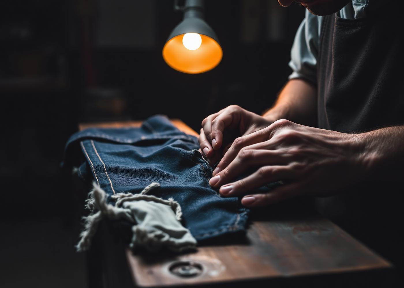Hands stitching reclaimed denim in the Raw Trash studio